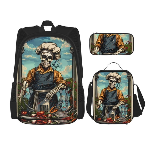 Easygdp Skeleton Chef BBQ Scene Mochila para Niños y Niñas con Set de Caja de Almuerzo y Estuche para Lápices 3 en 1, Mochila Escolar Estampada para Adolescentes