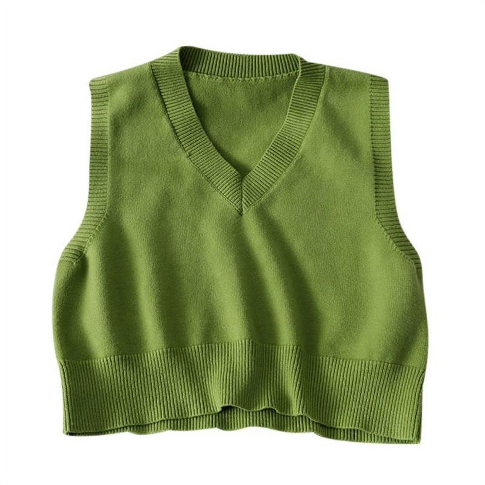 Women's V-Neck Knit Sweater Vest Solid Color Preppy Style Sleeveless Loose  Pullover Crop Knit Vest Top (Green)