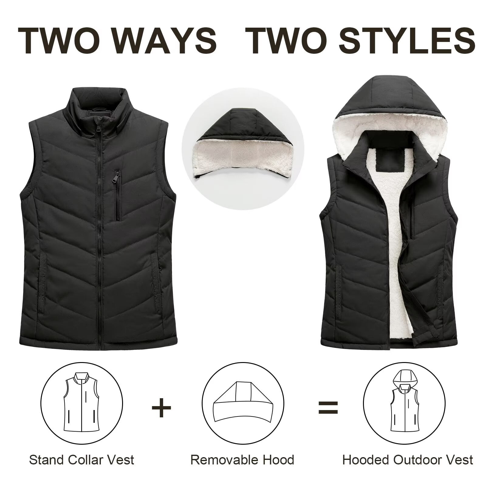 Chrisuno Vest For Women Puffer Lightweight Chalecos De Mujer Elegantes Vests Women's Slim Sleeveless Quilted Removable Hooded Winter Coat Black S
