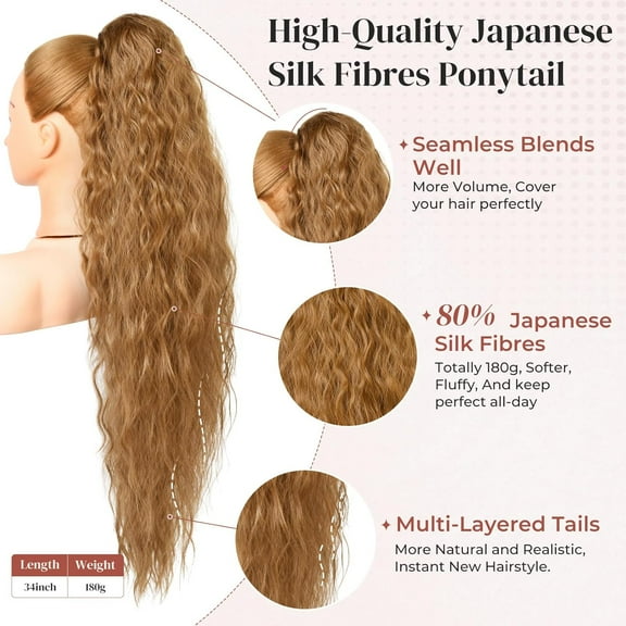 WEIF-Ponytail Extension, 34" Long Wavy Drawstring Ponytail Extensions, DP001 Softer Lighter 80% Japanese Import Synthetic Clip in Hair Extensions Natural Looking Hairpiece for Women-Strawberry Blo