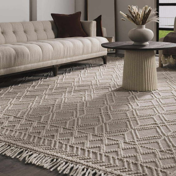 Hauteloom Arnside Moroccan Farmhouse Living Room Bedroom Wool Area Rug with Tassel - High Low, Wool - Moroccan Trellis - Hand Woven, Handmade - Pink, Ivory, Beige - 5' x 7'6"