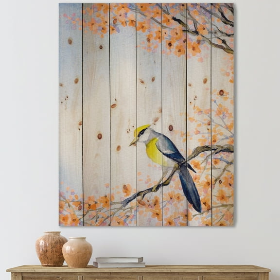 Designart 'Beautiful Blue Bird Sitting On Flowering Branch II' Traditional Print on Natural Pine Wood
