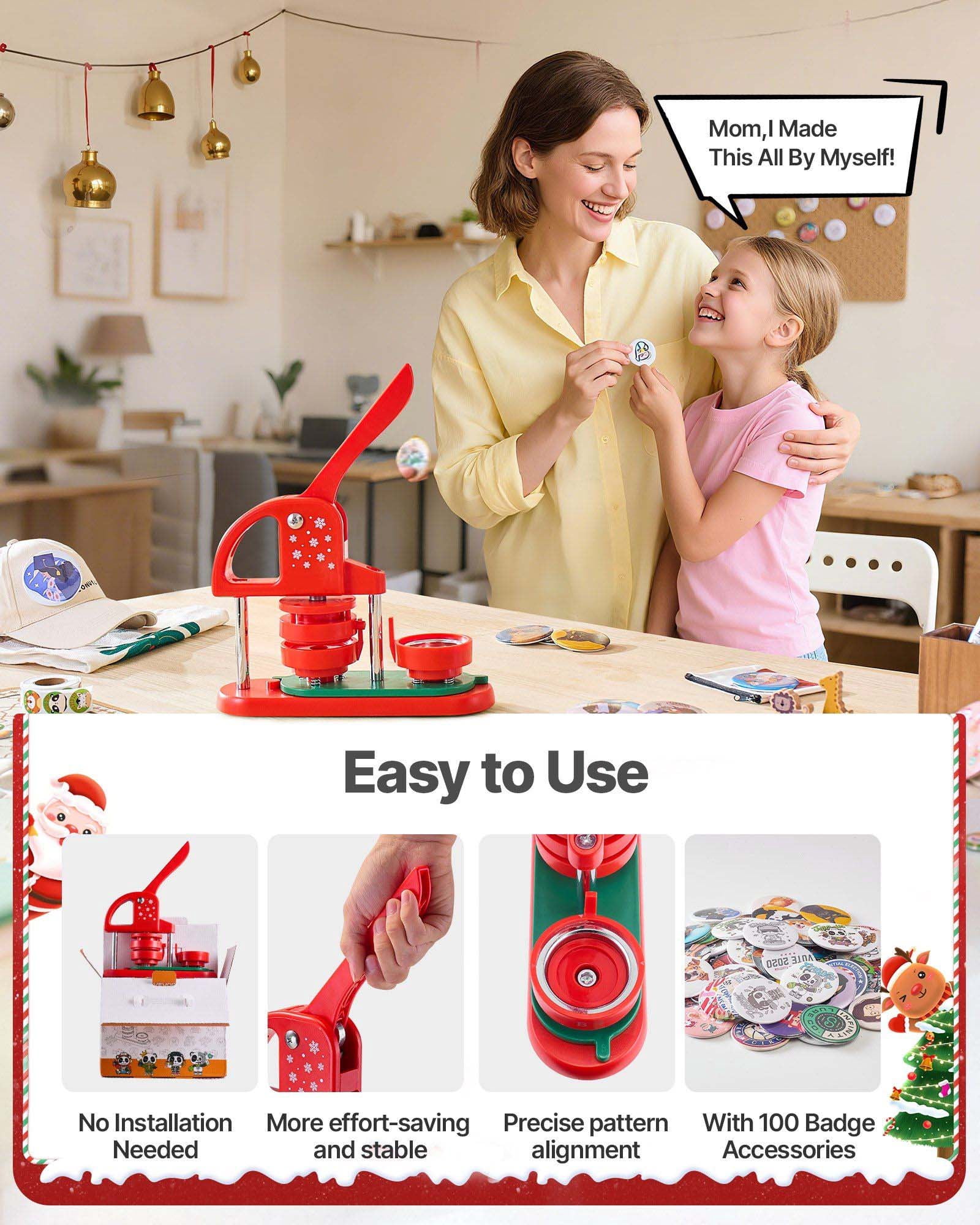 Button Maker Machine 2.28 inch, DIY Pin Maker Kit with 100 Parts, Circle Cutter & Wrenches, Red - for Badges, Personalized Pins, Keychains