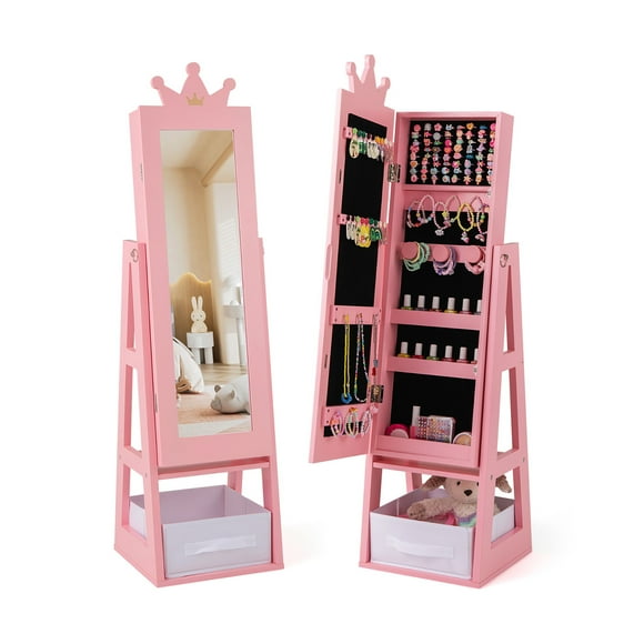 Gymax Kids Jewelry Cabinet w/ Full-Length Mirror Foldable Drawer Anti-toppling System