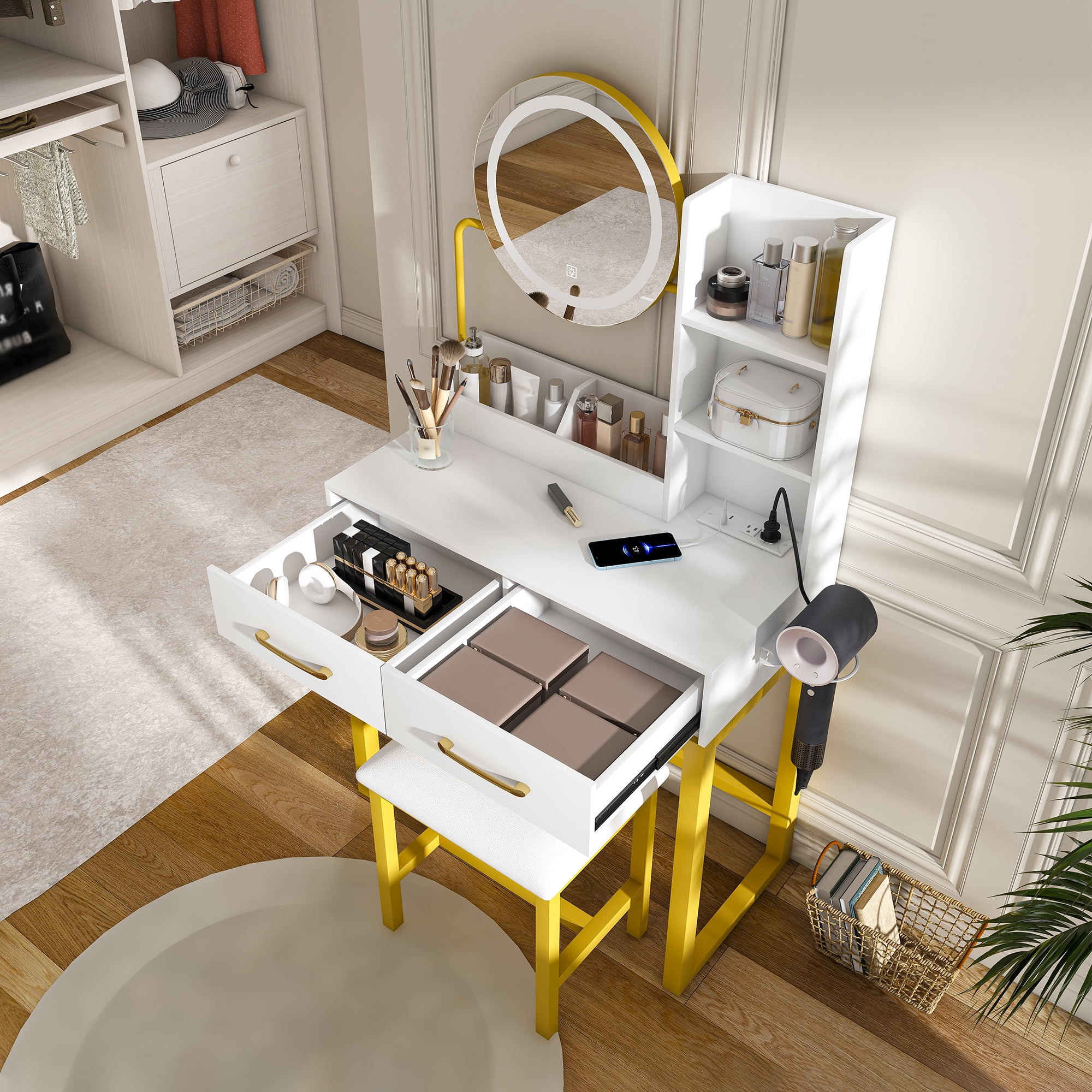 Aukfa Vanity Set Makeup Vanity Table with Round LED Lighted Mirror,Power Outlet & Hair Dryer Holder for Bedroom,White