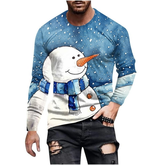 Generic Men Ugly Christmas Sweatshirt Snowman Print Long Sleeve Crew Round Pullover Casual Loose Classic Top
