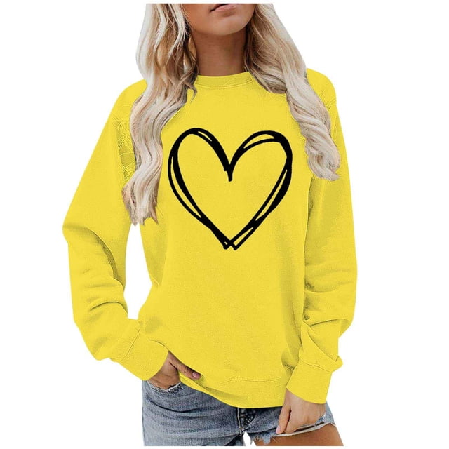 BLVB Chandail à Col Rond pour Femmes, Imprimé de Cœur, Manches Longues, Mignon, Coupe Ample, Léger, Hauts d'Automne, Cadeaux de la Saint-Valentin
