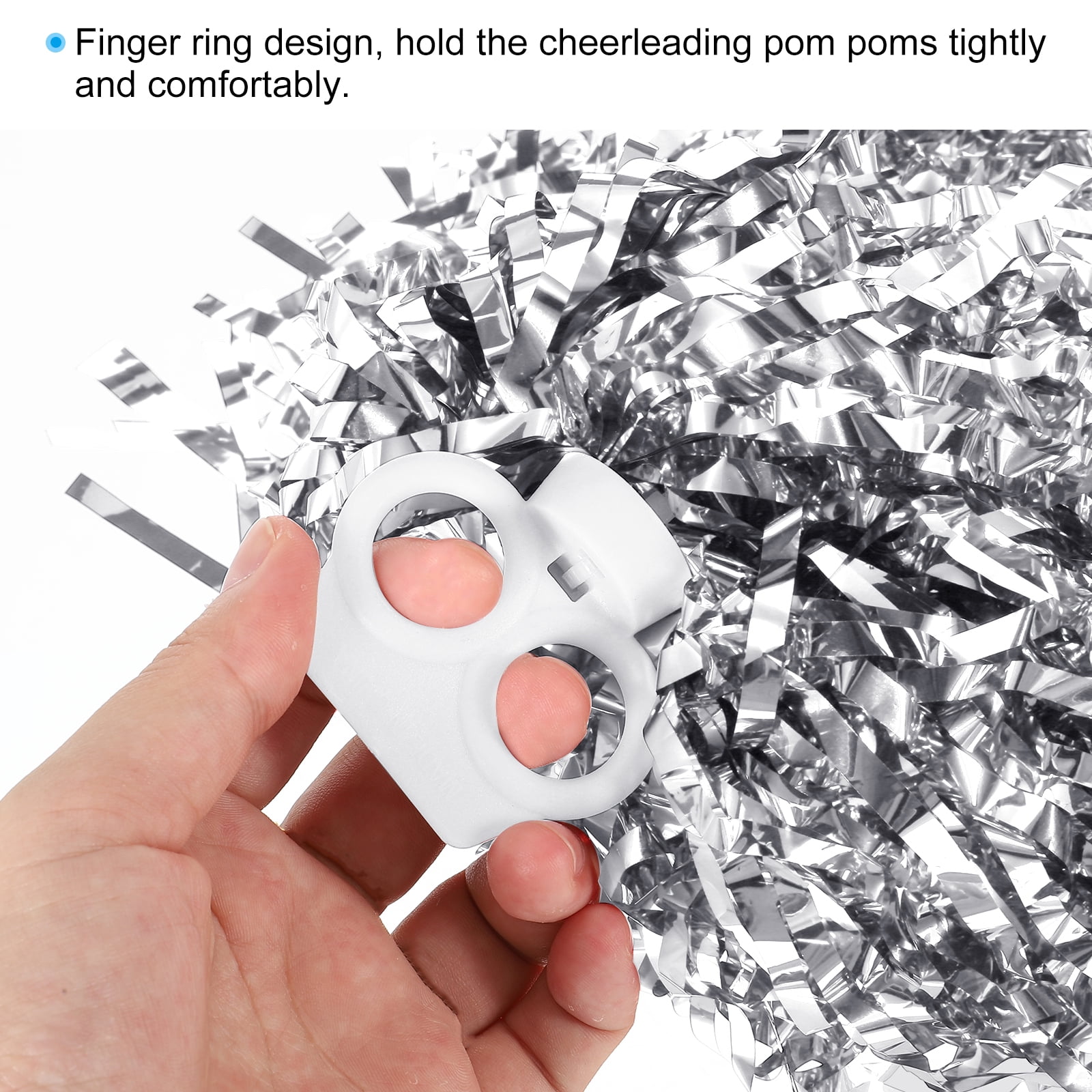 Cheerleading Pom Poms with Finger Holes Metallic Foil Cheering Hand Flower, Silver, 12 Pack