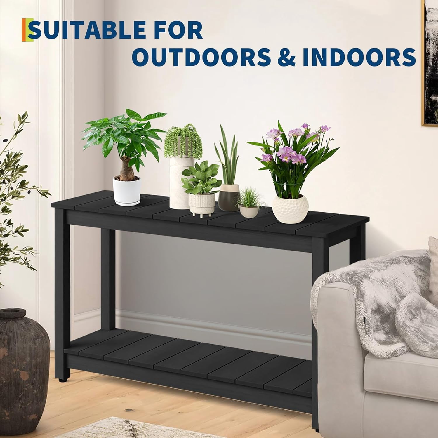 Senfot 48 Inch 2-Shelf Console Table, Indoor Outdoor Wooden Storage Entryway Side Table Black