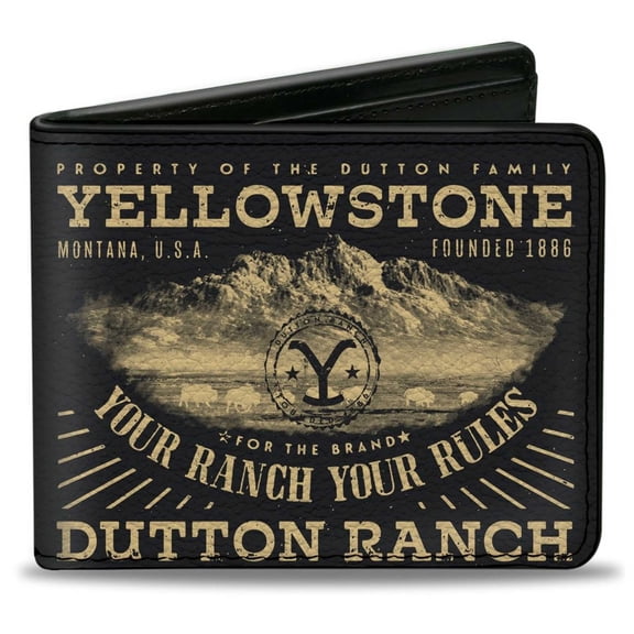 Paramount Network Wallet, Bifold, Yellowstone Your Ranch Your Rules Landscape Black Beige, Vegan Leather
