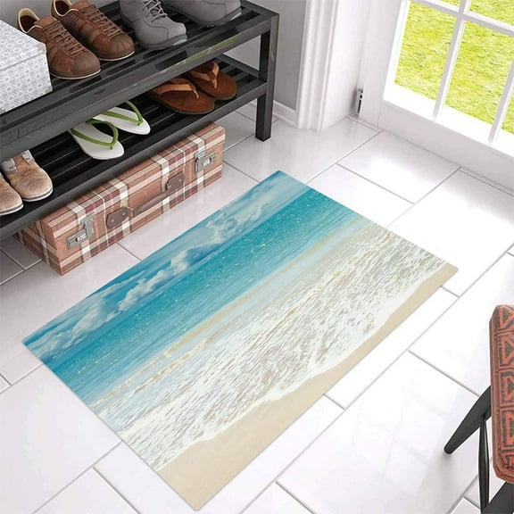 Summer Ocean Sea Blue Sky Clouds Door Mat, Welcome Entrance Doormat Non-Slip Bath Mats Thin Floor Carpet Beach Waves Coastal Landscape Rug Pad for Bedroom Bathroom Kitchen