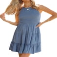 thumbnail image 3 of Women Summer Sleeveless Mini Dress Halter Neck Smocked Ruffle Hem A-Line Flowy Pleated Short Dress Blue S, 3 of 7
