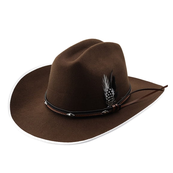 PLHWHYQ Vintage Short Brim Hat for Men Women, Faux Suede Dress Hat with Decorative Feather & Metal Badge Coffee-b A