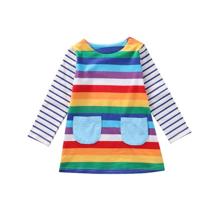 

Bebiullo Toddler Infant Girl Long Sleeve Striped Rainbow Party Princess Dress with Front Pockets