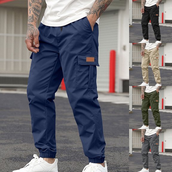 ibuvkizy Cargo Pants for Men with Multi Pockets Casual Fashion Solid Color Drawstring Elastic Waist Small Leg Pants,Sizes S-3XL