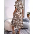 thumbnail image 4 of Women'S Summer Short Sleeve Work Dresses Tie Waist Button Down Print Midi A-Line Shirt Dress Khaki M, 4 of 10