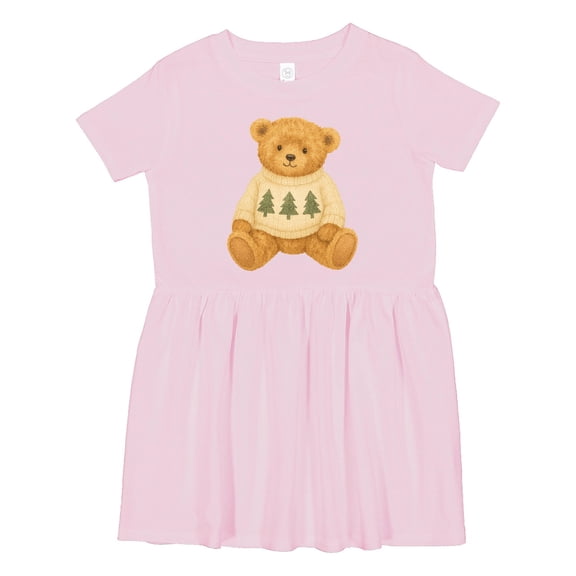 Inktastic Vintage Teddy Bear in Sweater with Christmas Trees Girls Toddler Dress