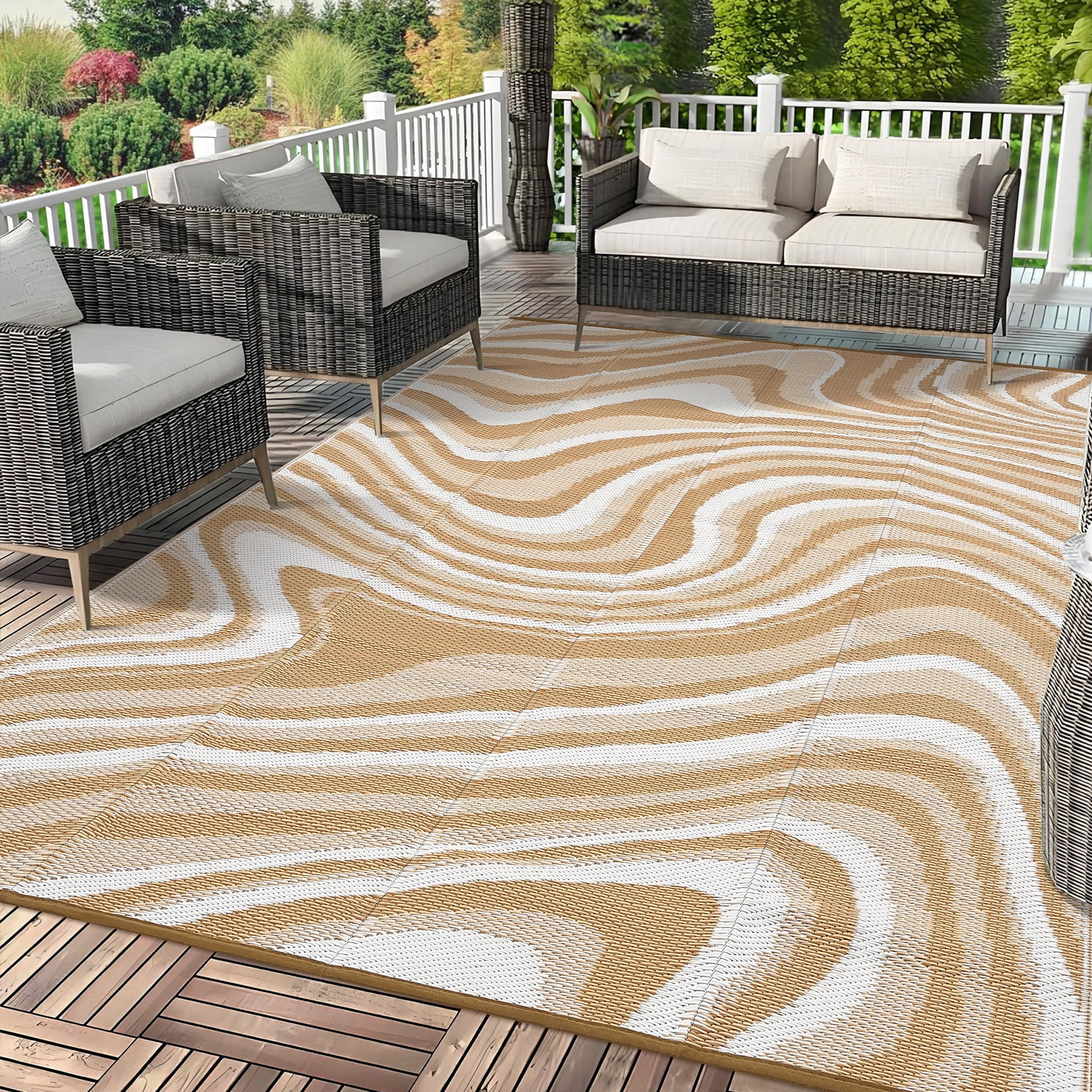 Garvee Outdoor Rug 10'x14' Abstract Plastic Area Rug Waterproof Reversible Outdoor Carpet, Plastic Straw Rug for Patio RV Camping Balcony Deck Backyard, Coffee