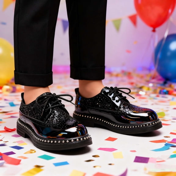 ZHOGXU Children Boys Shoes Non Slip Thick Bottom Lace Up Comfortable Elegant Stylish Dress Shoes For Stage Performance,Black,4-4.5 Years