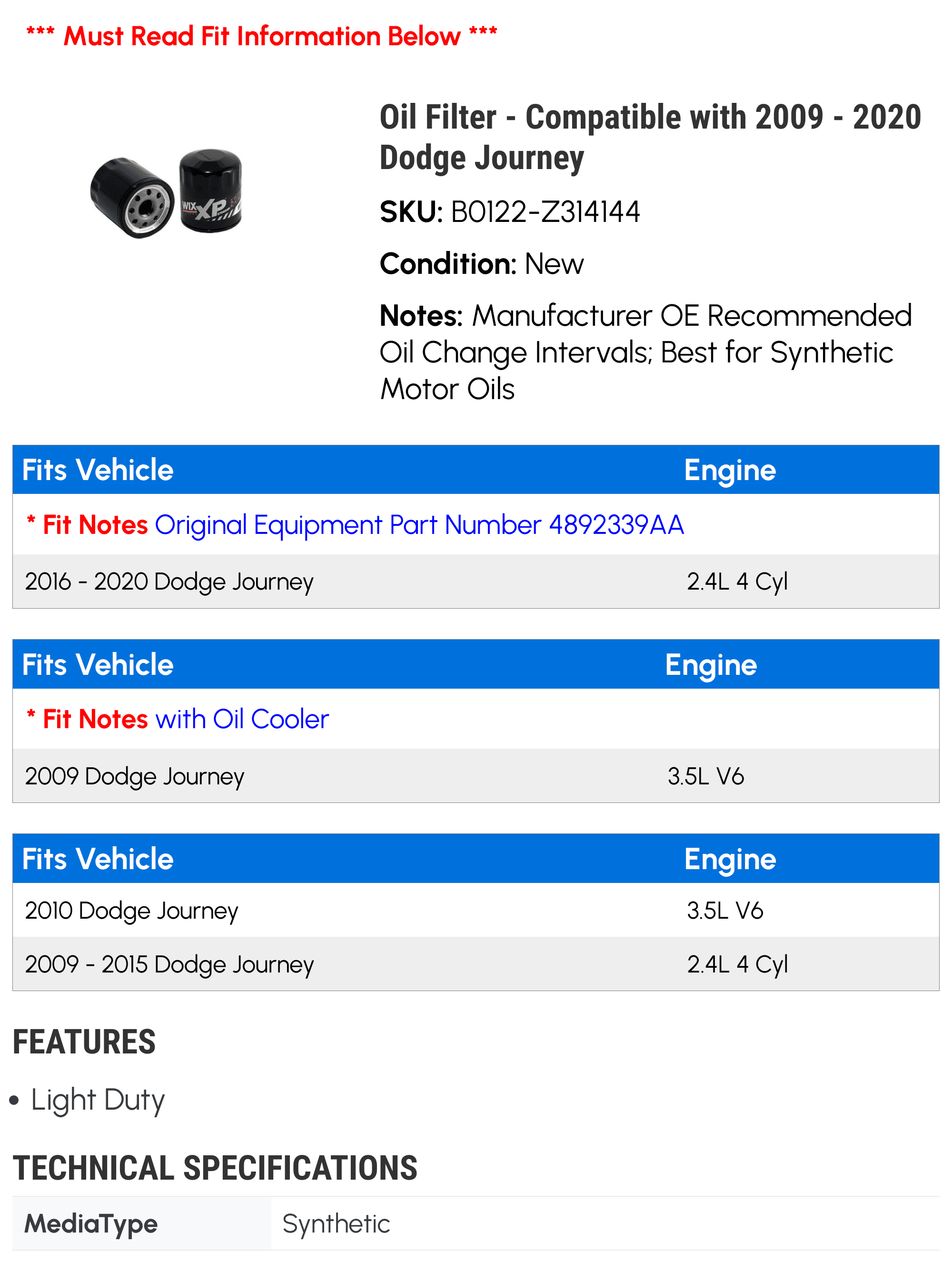 Oil Filter - Compatible with 2009 - 2020 Dodge Journey 2010 2011 2012 2013 2014 2015 2016 2017 2018 2019