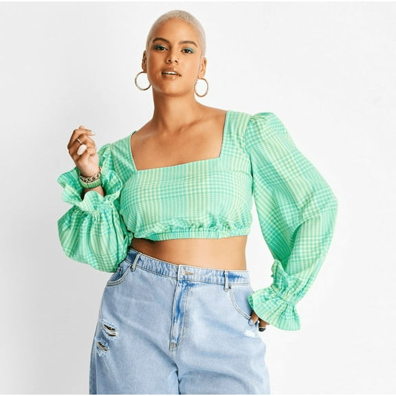 Women's Puff Long Sleeve Square Neck Plaid Crop Top - Future Collective with Alani Noelle Green 2X