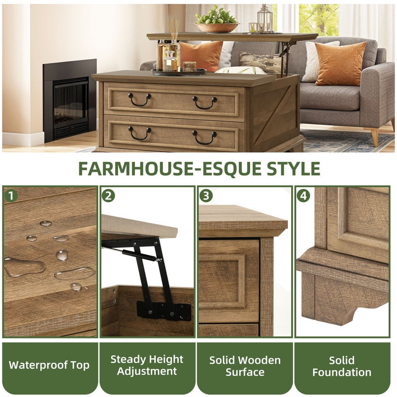 Uforic Farmhouse Lift Top Coffee Table with Storage, Square Center Dining Table with 2 Large Drawers, Rustic Brown