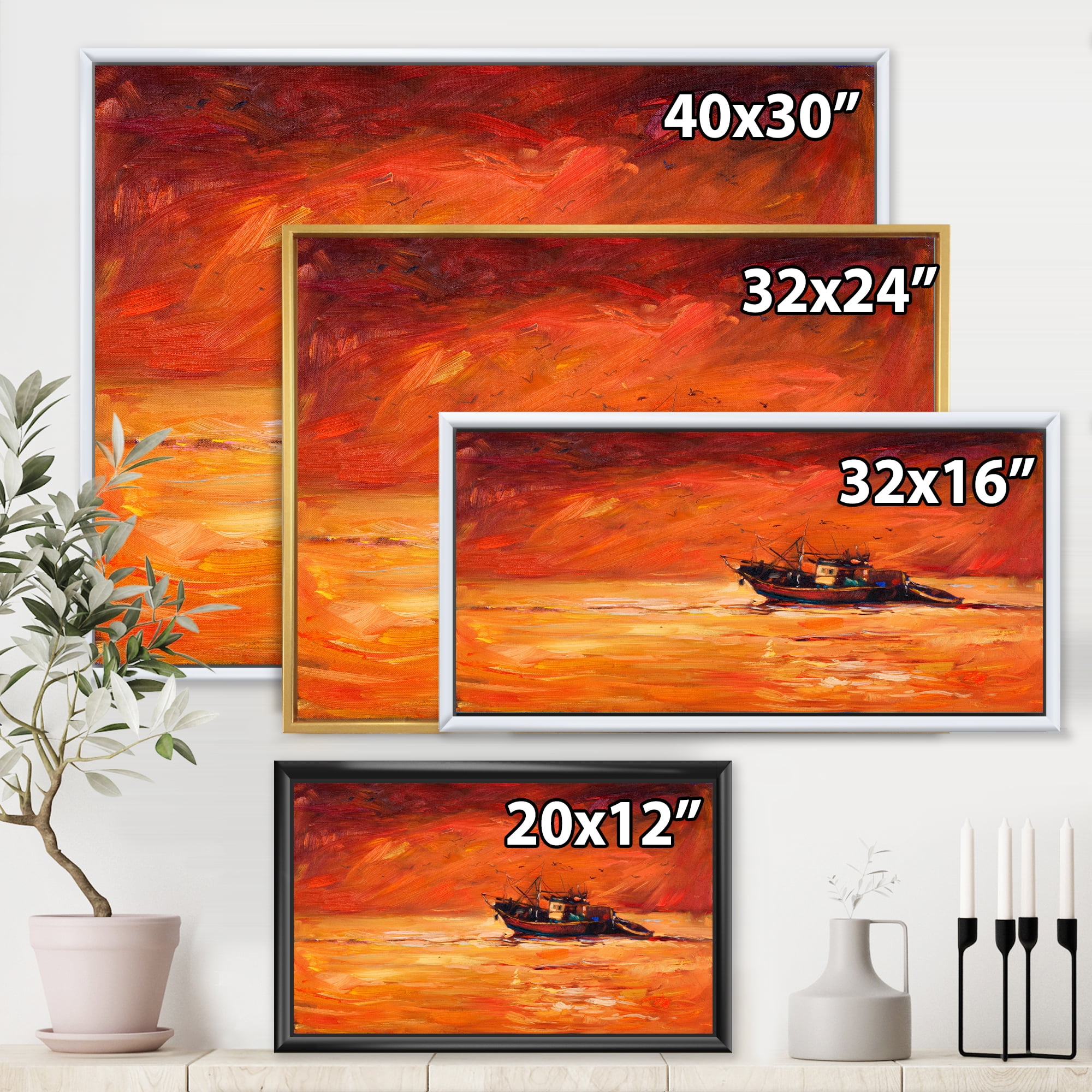 Designart 'Fishing Boat During Red Evening Glow' Nautical & Coastal Framed Canvas Wall Art Print
