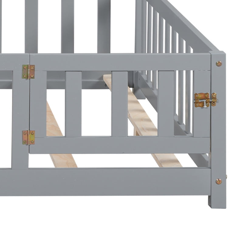 Bellemave Full Size Montessori Bed with Bookcase,Wooden Floor Bed with Fence Rails and Door, Full Playhouse Beds with Storage Headboards, No Box Spring Needed (Gray)