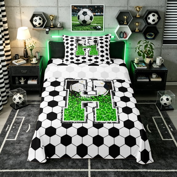 Erosebridal Personalized Initial H Soccer Print Twin Sheet Sets 3pcs for Boys Girls,Teens Green Glitter Print Bedding,Lightweight Room Decor