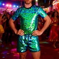 thumbnail image 2 of Men's Reversible Sequin Two Piece Short Sleeve Shirt Shorts Outfit Casual Parties Special Events With Sparkling Design Green M, 2 of 5