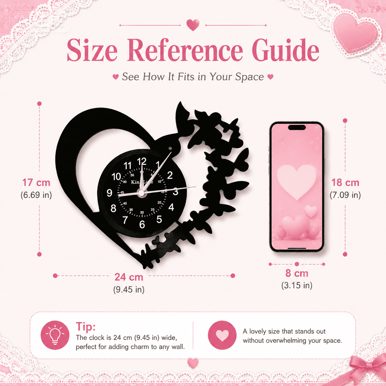 Modern Heart Vinyl Record LED Wall Clock - 7 Color Changing Night Light with Remote, Silent Battery Operated Hanging Clock for Bedroom, Living Room & Unique Wall Art