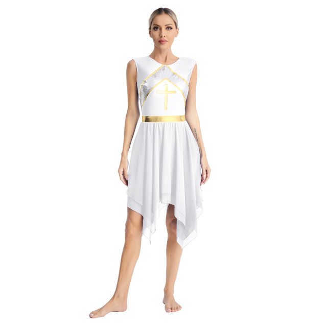 Zaldita Robe de Danse Liturgique pour Femmes Bloc de Couleur Métallique Sans Manches Robe de Culte Superpositions Blanc L