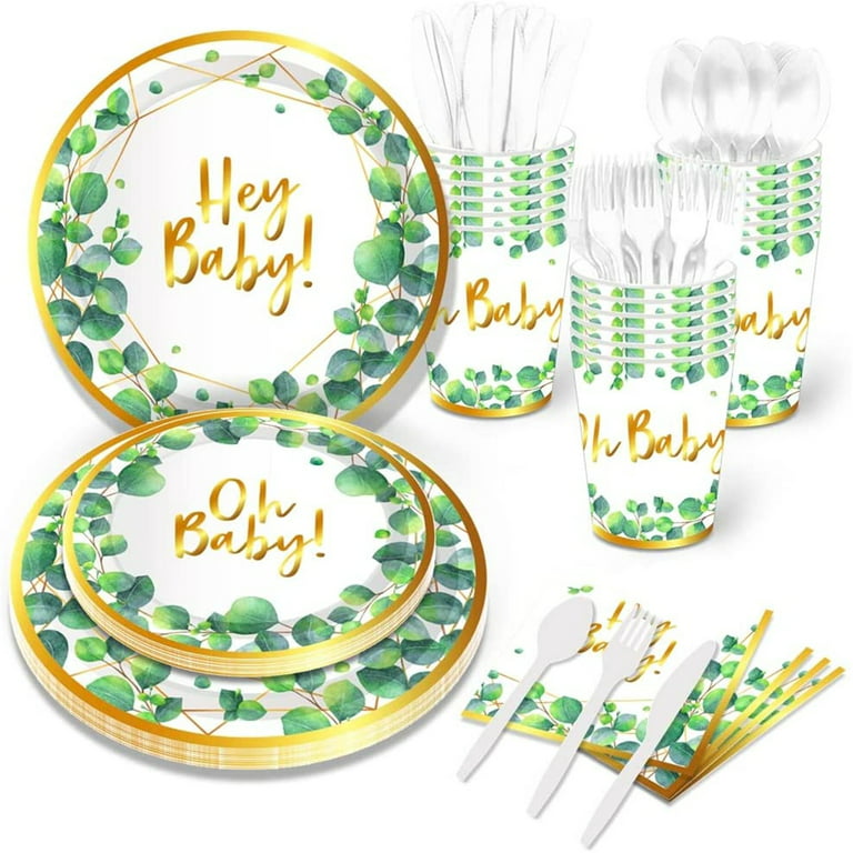 Sage Green Baby Shower Plates Hey Baby Gold Eucalyptus Oh Baby Birthday  Tableware Green Floral Disposable Paper Plate Party Supplies Serves 8  Guests for Kids Cutlery Plates Napkin Cups Set 