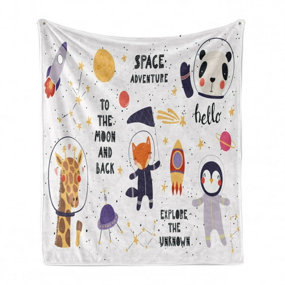 Astronaut Soft Flannel Fleece Blanket, Space Adventure Explore the Unknown to the Moon and Back Funny Animals, Cozy Plush for Indoor and Outdoor Use, 60" x 80", White and Multicolor, by Ambesonne