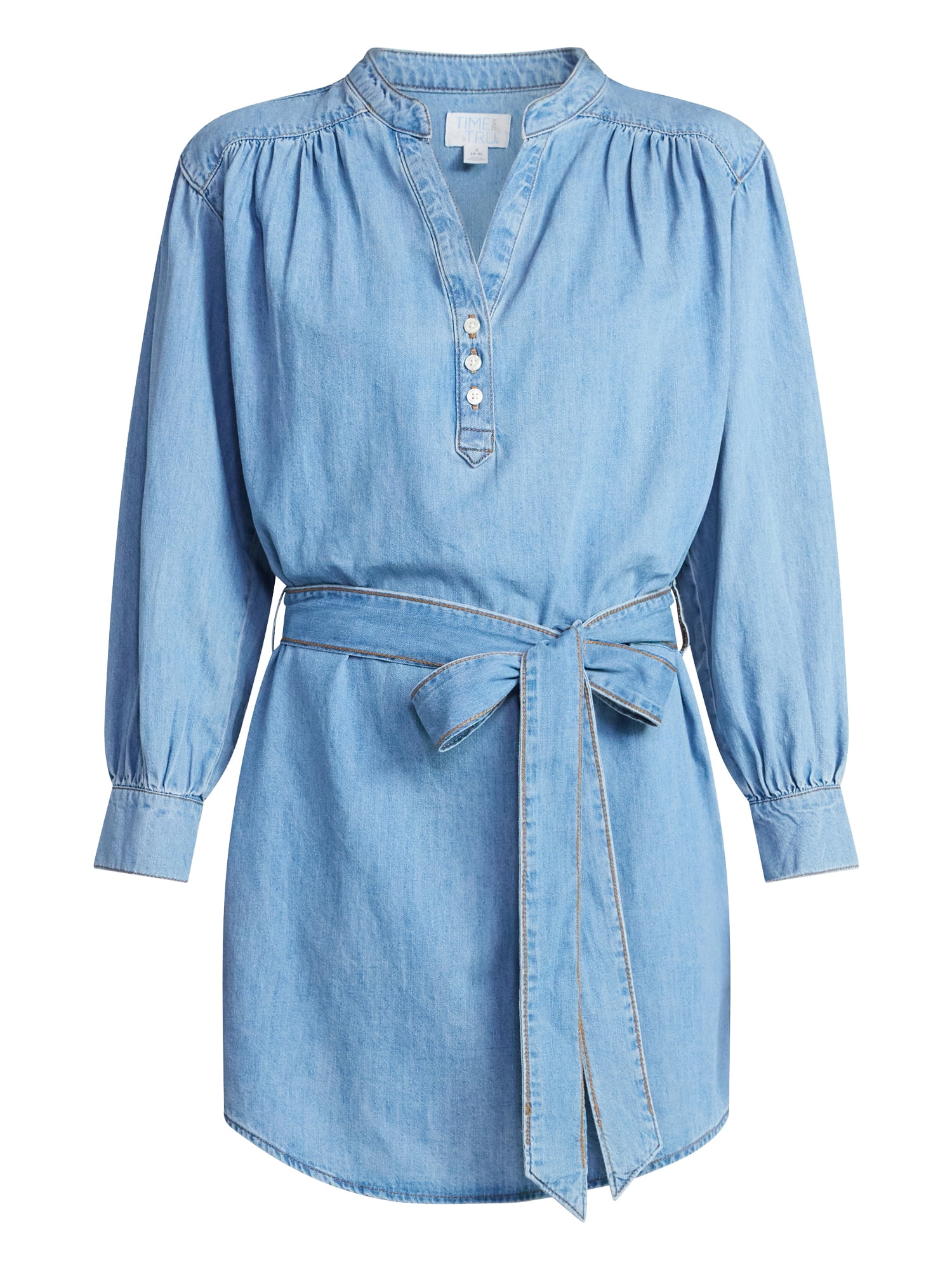 Time and Tru Women's Belted Denim Mini Shirtdress with Long Sleeves, Sizes XS-XXXL