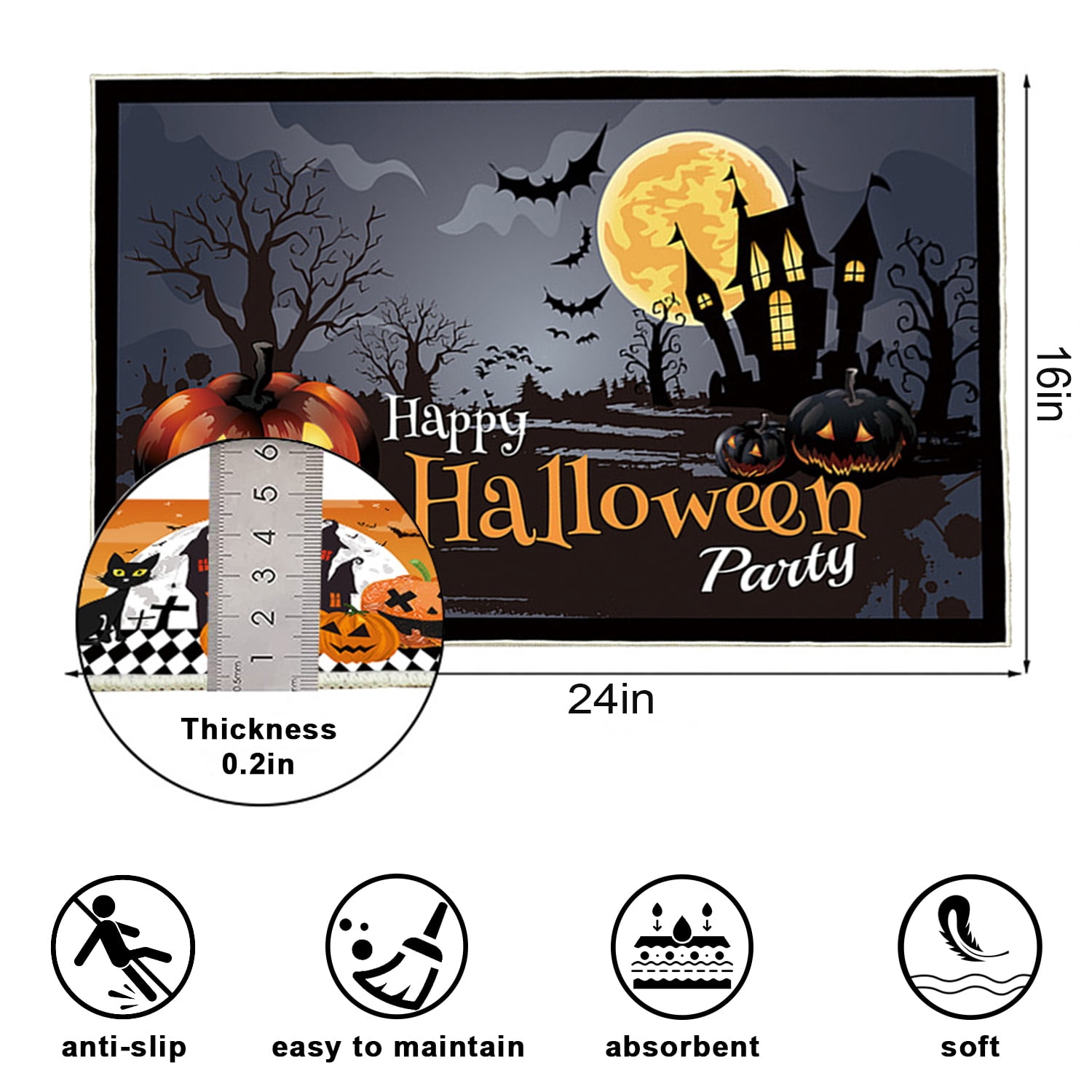 Happy Halloween Party Halloween Floor Mat Terror Pumpkin Pattern Home Décor, 24*36 Non Skid Outdoor Entrance Rug Easy Care, Absorbent Mat for Outside, Indoor Floor, Bathroom, Room Entrance Black