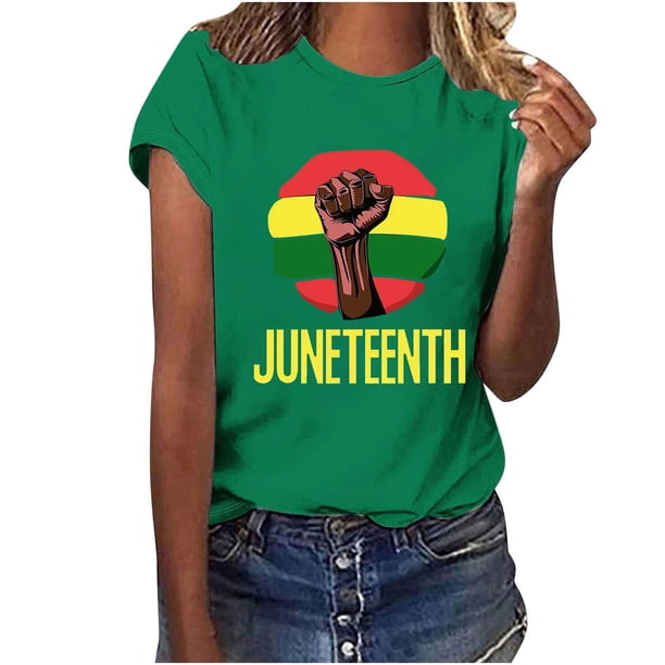 Tops de Manga Corta para las Mujeres de Ajuste Suelto, Día de la Independencia Negro Impreso, Cuello Redondo Suelto Superior