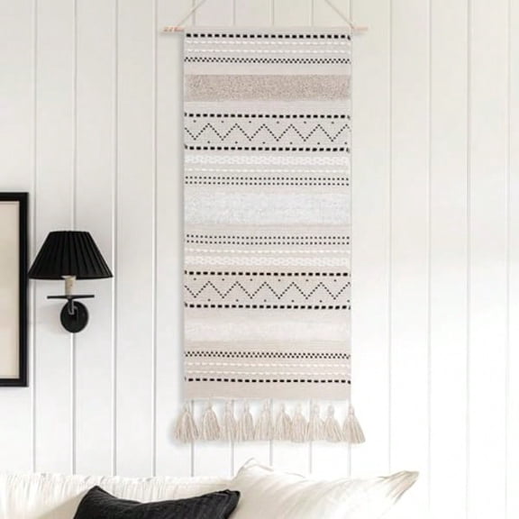 BlissBlush Long Vertical Wall Hanging Tapestry Woven Boho Farmhouse Decor Black Beige Cream Tassel Handmade Wall Art Decoration for Bedroom Living Room Dorm Nursery Apartment 16x39 INCH