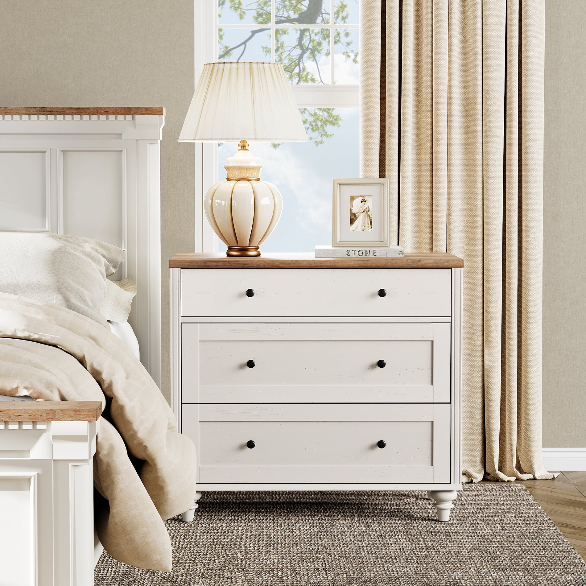 WAMPAT Set of 2 White Nightstand for Bedroom , Large Wood Bedside Table Night Stand with 3 Drawers, Wide Sofa Side End Table 3 Drawers Chest of Dresser for Living Room
