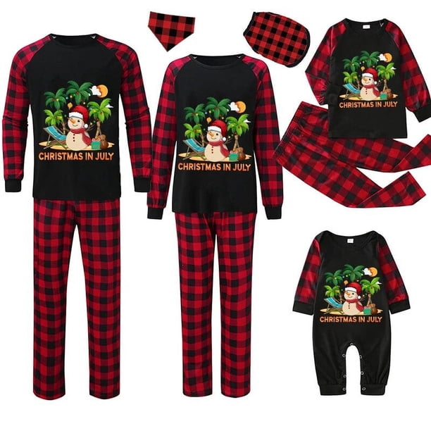 Pijamas familiares navideños a juego, conjuntos de pijamas negros de manga larga, muñeco de nieve, Navidad en julio