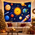 thumbnail image 3 of Smiling Cartoon Sun and Planets with Rockets in a Deep Navy Star Field, Whimsical Illustration for Kids, Celestial Galaxy Space Art, Birthday Gift, Tapestry Wall Hanging for Nursery and Playroom, 3 of 7