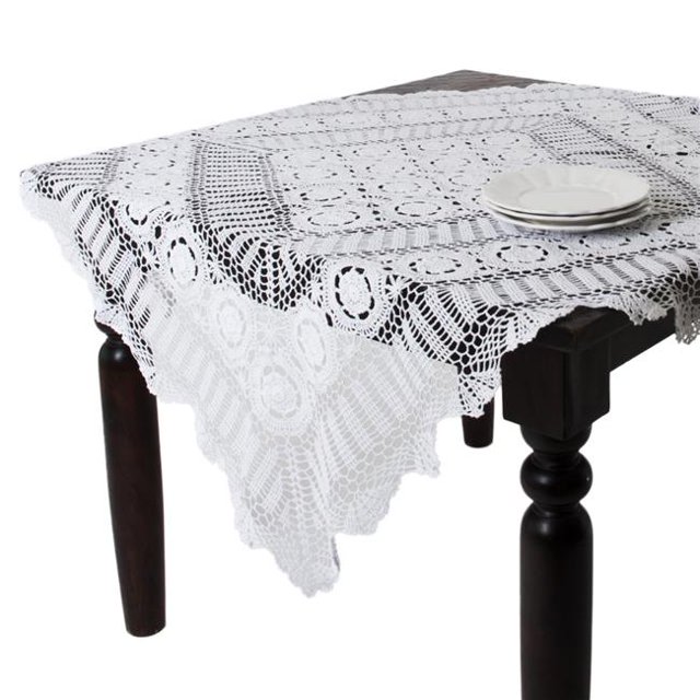 SARO 869.W36S 36 in. Square Handmade Crochet Cotton Lace Table Linens - White