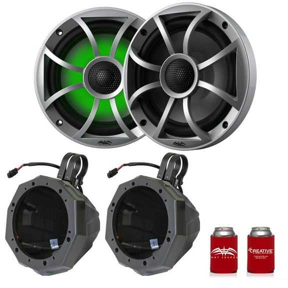 Wet Sounds RECON 6-S RGB 6.5" Silver Grill RGB Marine Speakers with US2-C65U-185 Black Speaker Pod with 1.85" Roll Bar Clamps