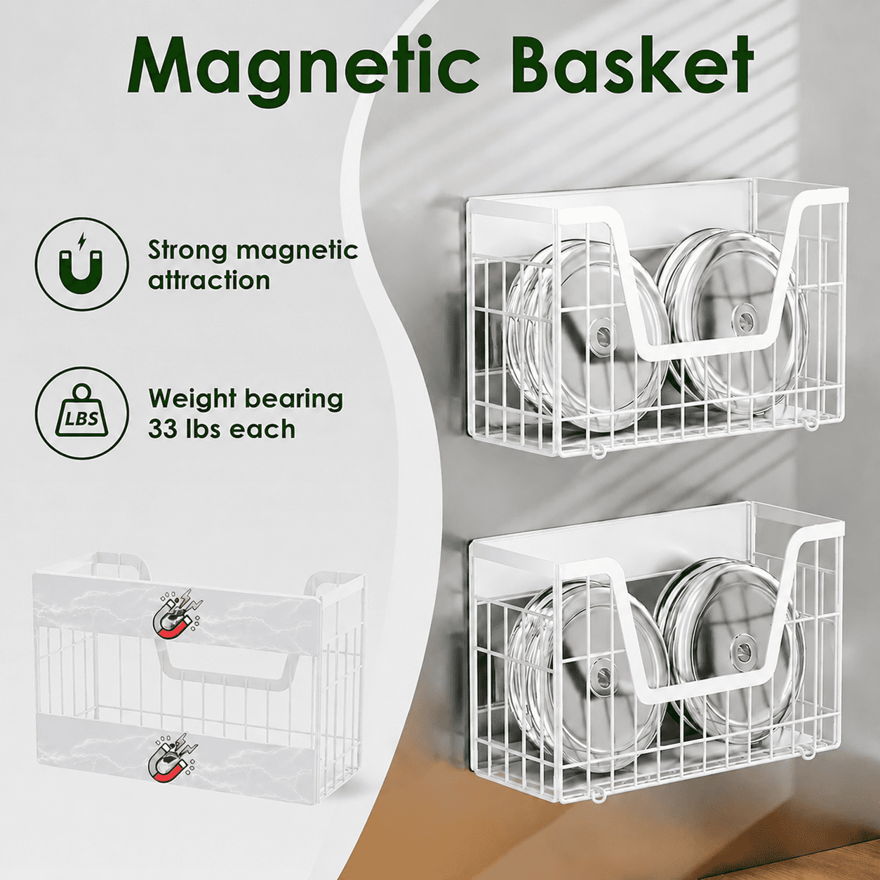 2 Set Magnetic Shelf for Fridge, Potato & Onion Storage Bins, Magnetic Fruit Basket for Refrigerator Pantry Kitchen Counter Laundry, Magnetic Fridge Organizer Spice Snacks Magnet Fridge Shelf White