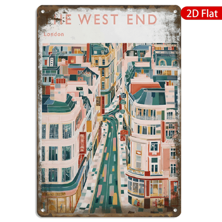 8x12 Inch Metal Wall Art, Vintage London West End Street Scene Poster with Geometric Architecture and Double Decker Bus Design, Retro Decorative Wall Sign for Home Living Room 1pc