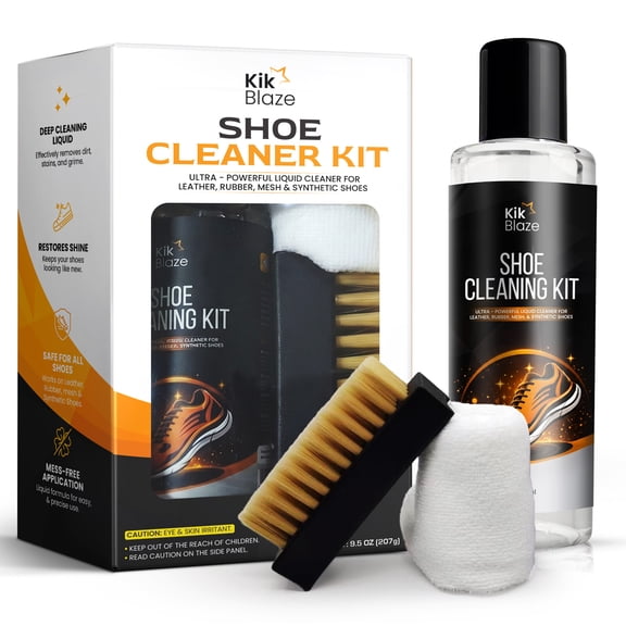 KikBlaze Shoe Cleaner Kit, Deep Cleaning Liquid with Brush & Foam Pad for Leather, Mesh, Rubber & Synthetic Shoes, 9.5 oz