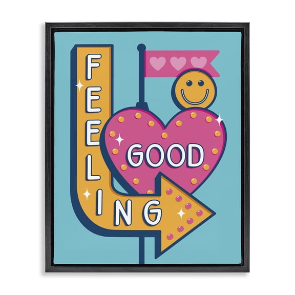 Stupell Industries Feeling Good Retro Sign Text & Numbers Painting Black Floater Framed Canvas Art Print Wall Art, 17 x 21