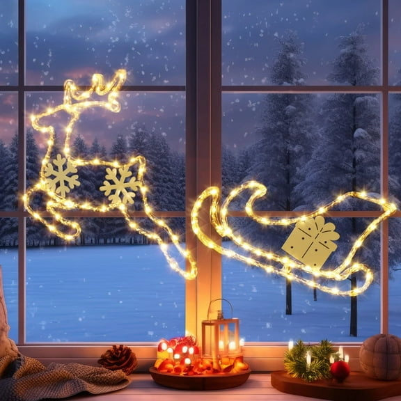 Aship Christmas Window Lights, Reindeer Sleigh 95 LEDs Window Lighted Decor, Battery Operated 8 Modes & Timer, Waterproof Silhouette Lights for Holiday