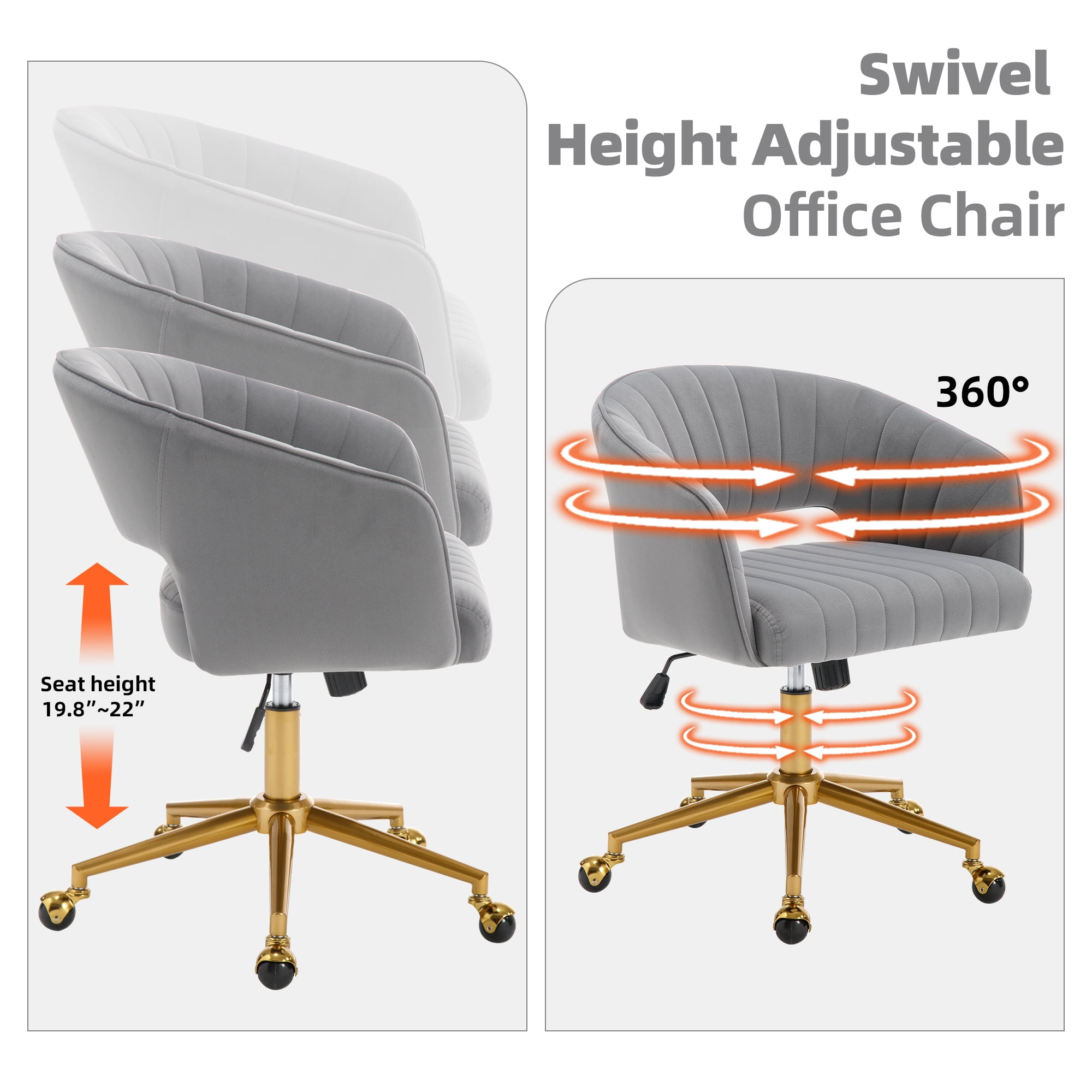 Westice Home Office Desk Chairs, Velvet Rolling Chair, Height Adjustable Swivel Vanity Chair, Ergonomic Chair for Study, Living Room Computer Room, Grey