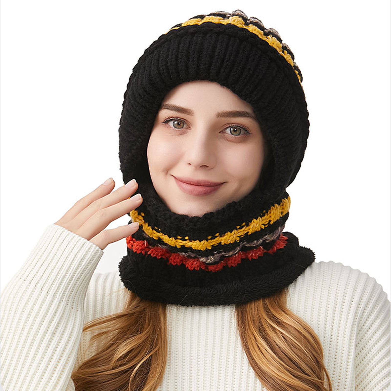 Cadancy Women Winter Hats 3 In 1 Beanie Hat with Scarf and Mask Chunky Knitted Color Block Snow Caps Pompom Cute Warm Stocking Cap Windproof Cozy Cold Weather Balaclava